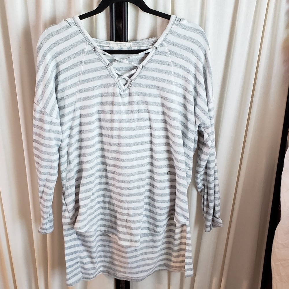 No comment plus size 1X gray/white striped hoodie